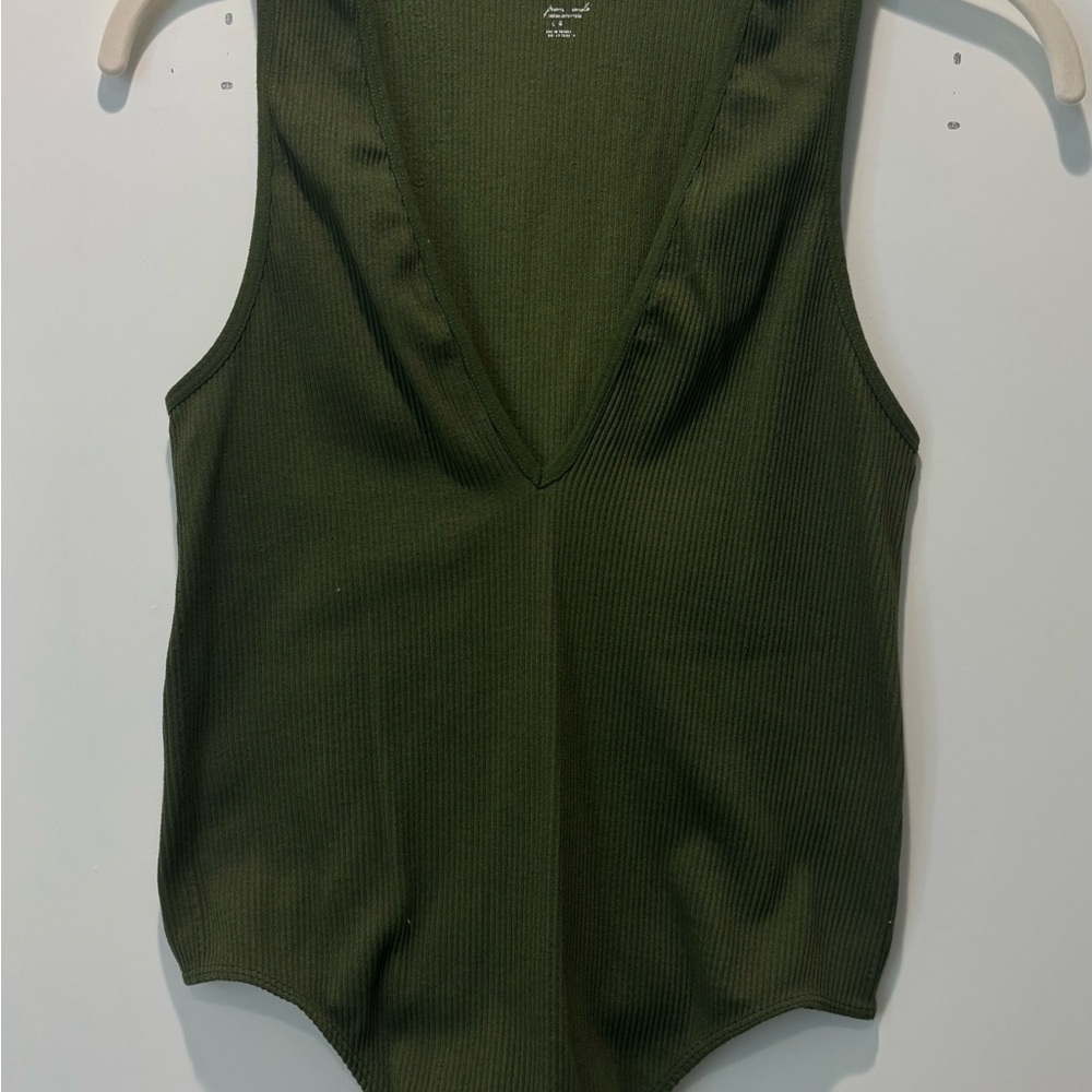 Green Ribbed V-Neck Bodysuit
